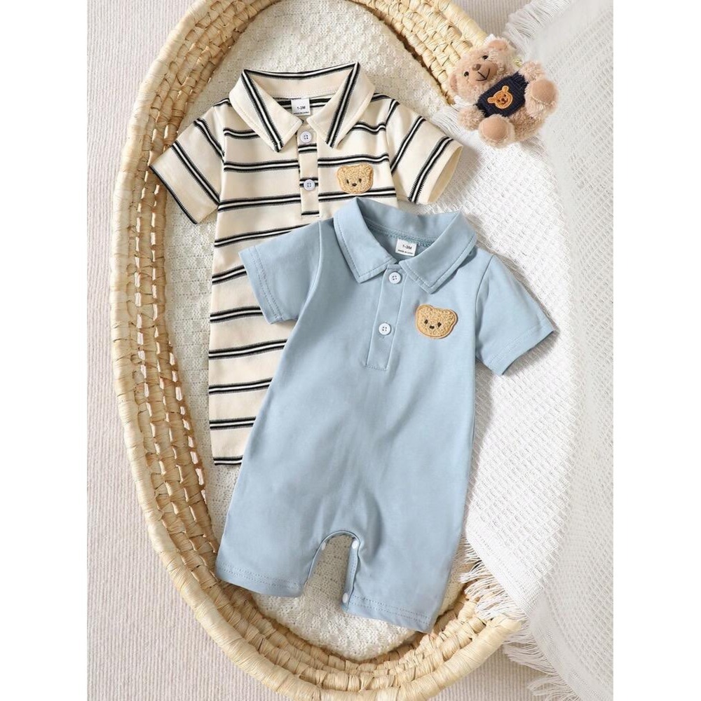 Baby Boy Polo Romper 2-Pack Teddy Bear Patch Striped Blue Cream 3-6M